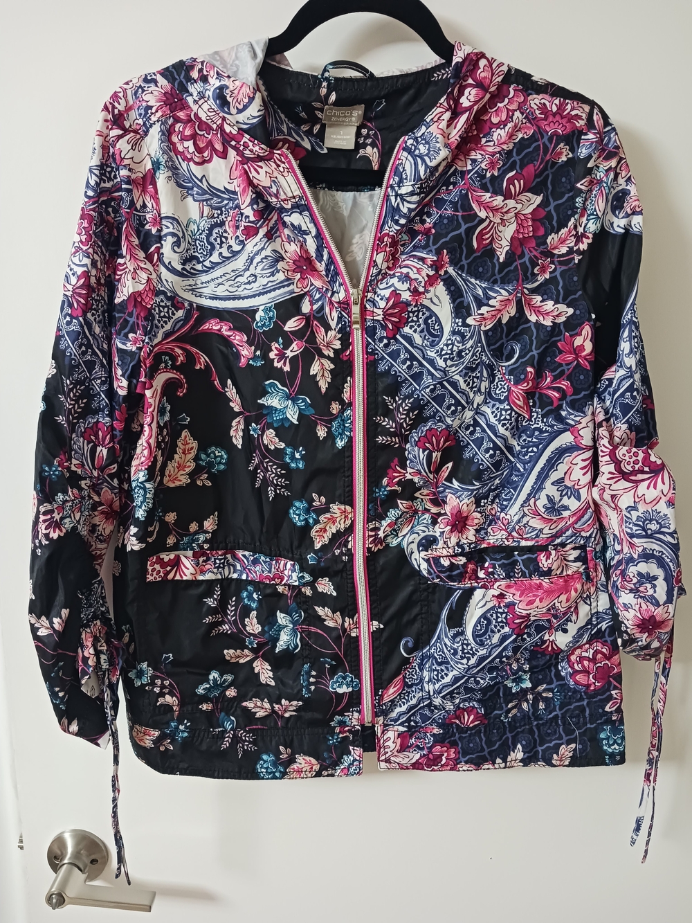 Chico's Zenergy Packable Floral Paisley Windbreaker Jacket w/ Pouch - Sz 1